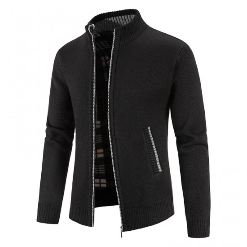 Autumn Winter Men Plush Thickened Stand Collar Jacket Male Half High Neck Knitted Cardigan Men Soild Color Fleece Sweater