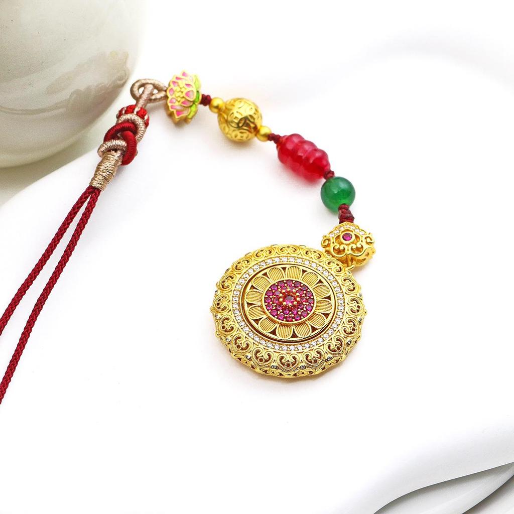 Chinese Style Gold & Zircon Sunflower Compass Necklace/Keychain Accessory