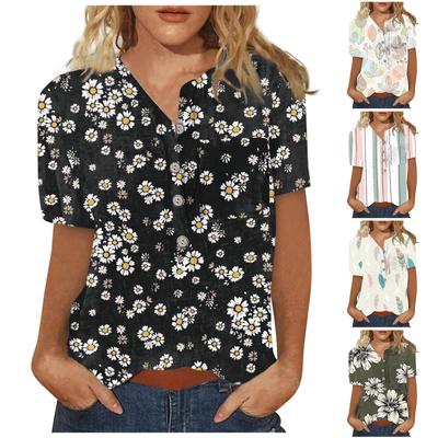Damen-T-Shirts, V-Ausschnitt, kurze Ärmel, Damen-Kurzarm-Oberteile, elegant, lässig, Sommer, grafischer Blumendruck, modische Hemden, Tunika