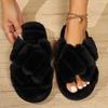 Fashion Fashion Cross Strap Fluffy Slippers Women Winter Home Peep Toe Plush Fur Slippers Woman Flat Heel Keep Warm Cotton Slides Shoes