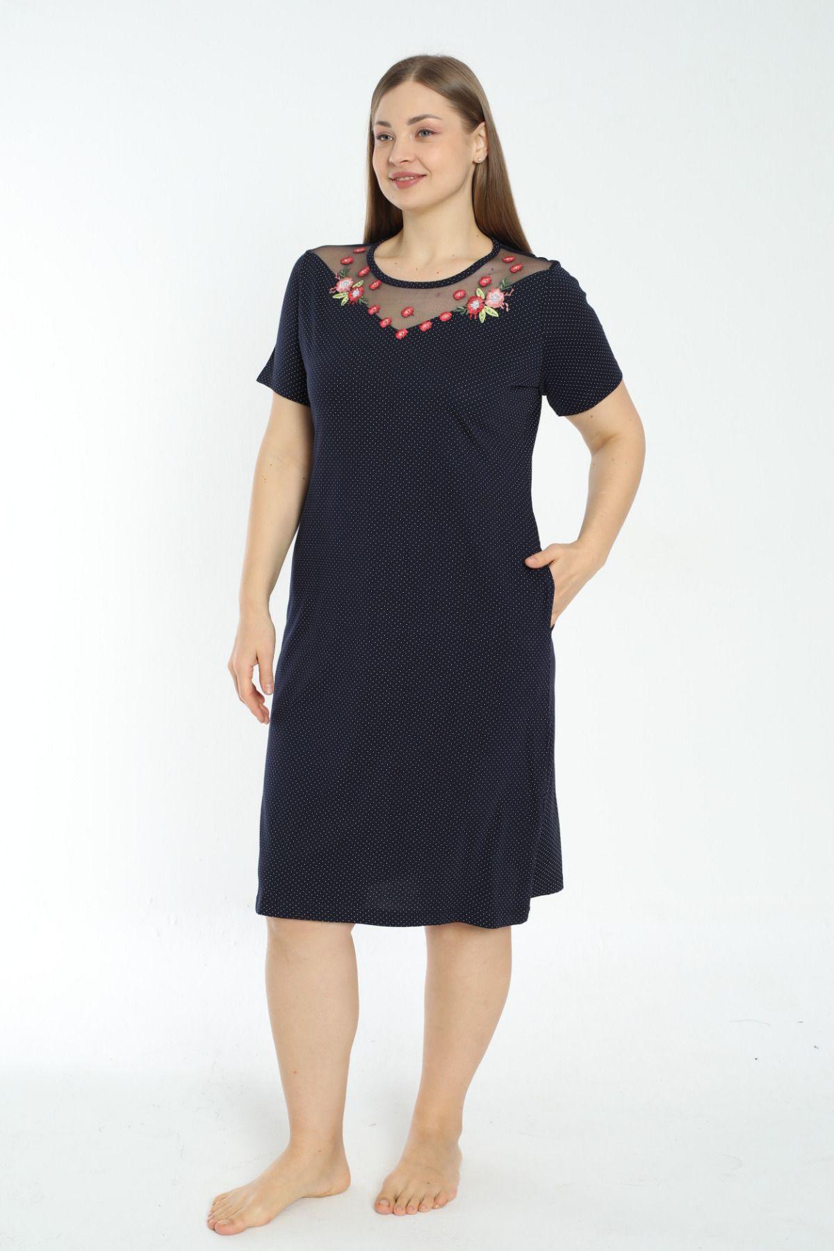 

Women s Big Size Dress Navy Blue Polka Dot Short Sleeve Tulle and Embroidery Detailed Plus Size Short Sleeve Dress 3XL