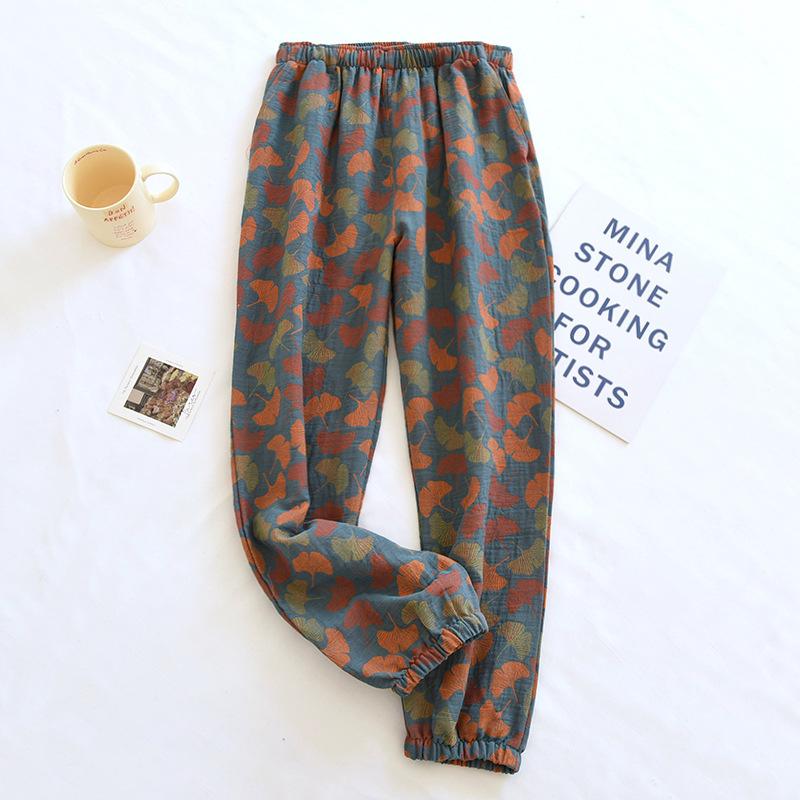 2026 New Spring/Summer Women's Sleeper Pants 100% Cotton Gauze Jacquard Retro Color Knitted Pants Loose Closure Home Pants