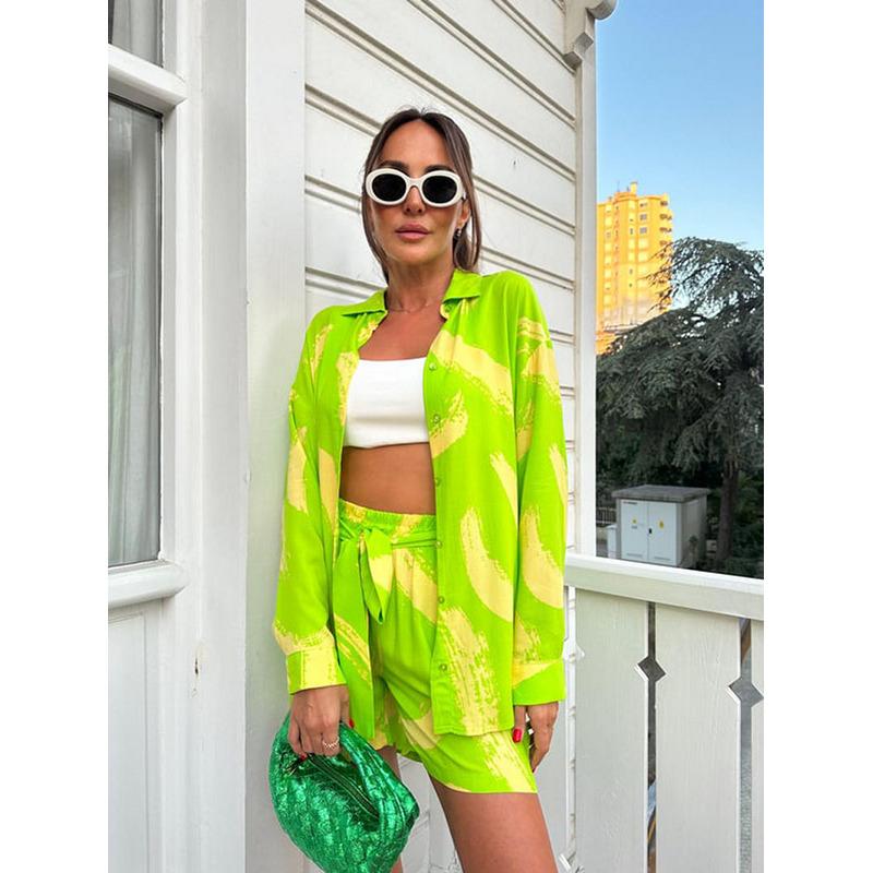 European and American Style Shirt Set for Women,-Border Elastic Waist Tie Large Size Shirt and Shorts Two-Piece Set for Summer