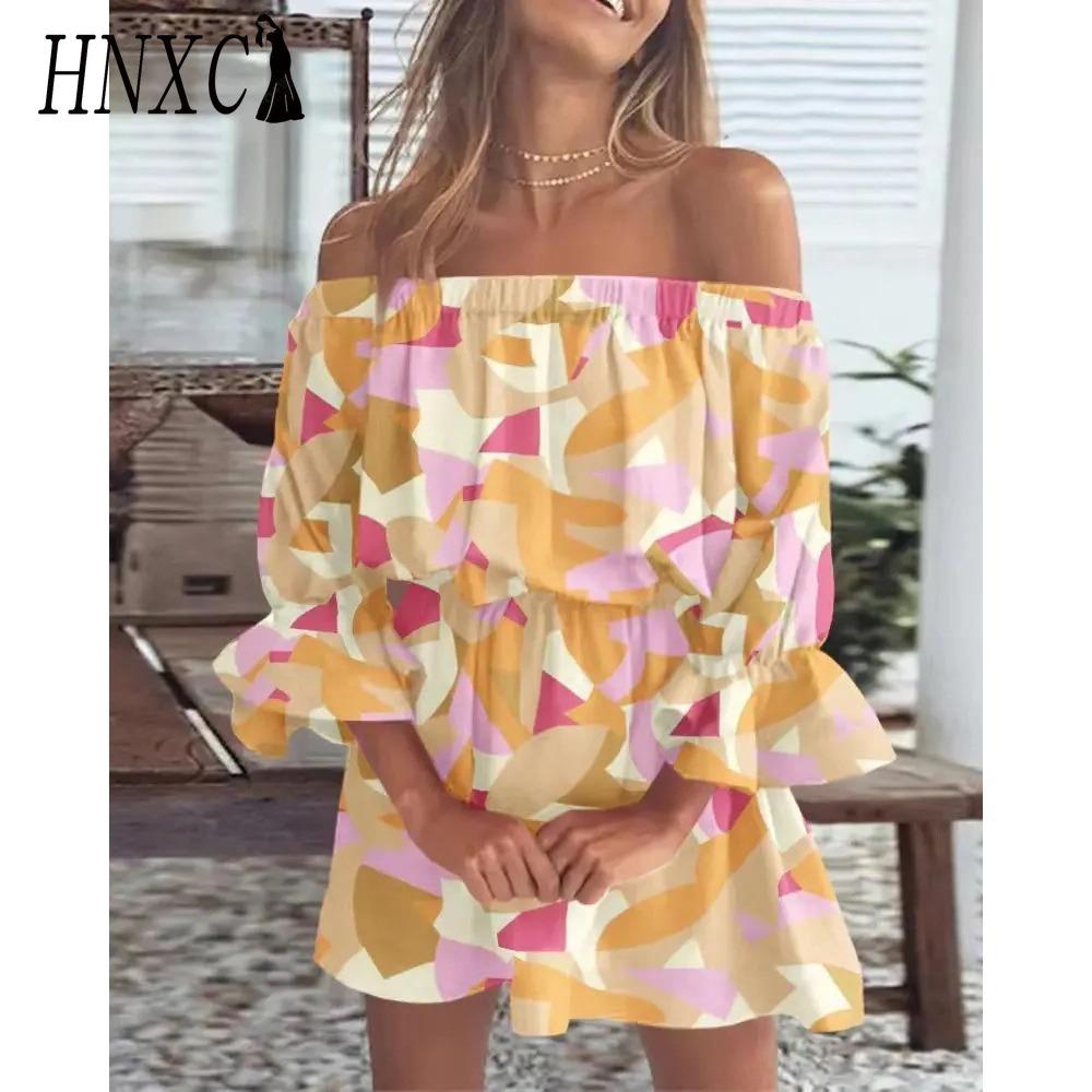 

HNXC Женское мини-платье с цветочным принтом Летнее сексуальное с открытыми плечами и рукавами-фонариками Платье-туника Женское повседневное бохо пляжное платье XXXL жёлтый