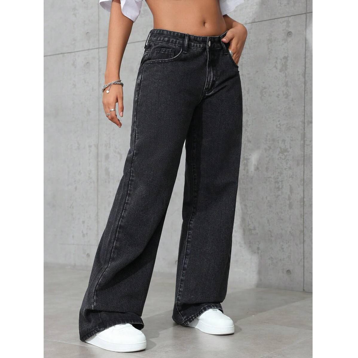 Plus Size Women s Black Wide Leg Stretch Jeans - Washed, Loose Casual Fit Large