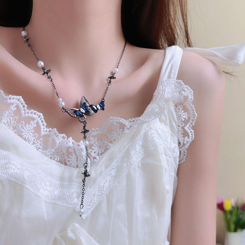 Blue Zircon Butterfly Tassel Necklace New Imitation Pearl Chain Y2K Design Creative Popular Collarbone Chain Women's Jewelry