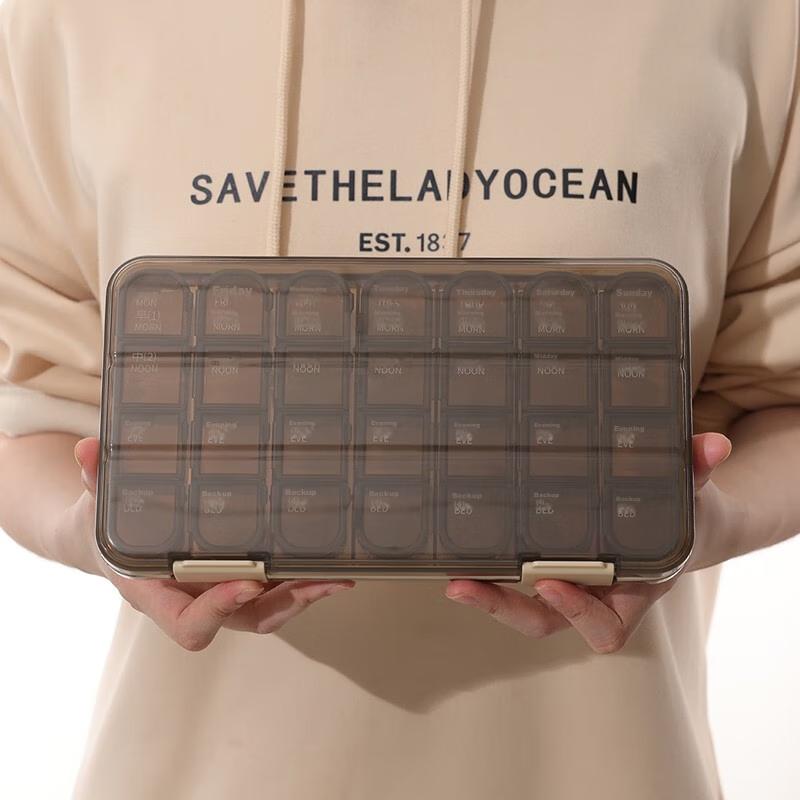 Jinlongxing Pill Organizer Box with 28 Compartments, Weekly Pill Reminder, Daily Medication Reminder, Portable Pill Dispenser for Elderly