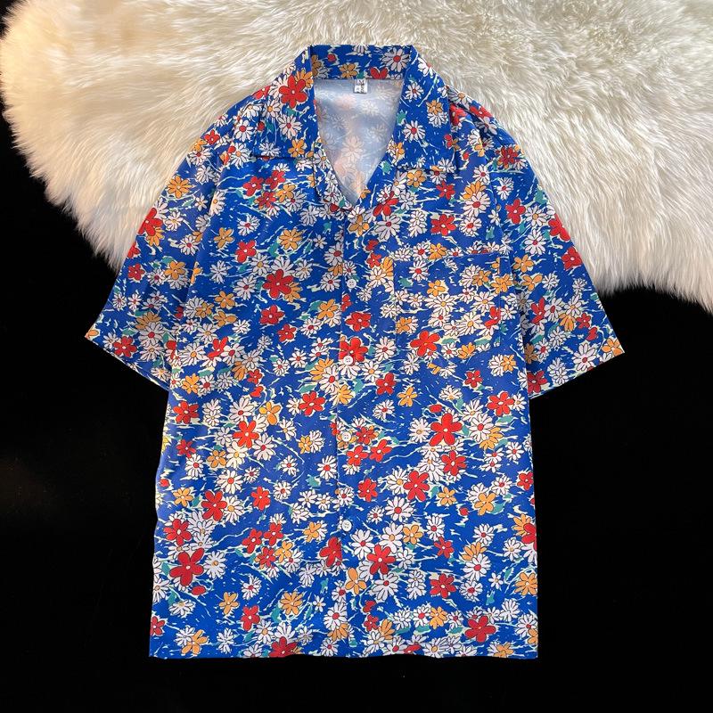 Unisex Vintage Kubakrage Blomsterskjorte - Løs passform, Hong Kong-stil, Kort erm, Perfekt for strand og par