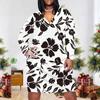Women Plus Size V Neck Long Sleeve Floral Printed Red Pink Fitted Dress