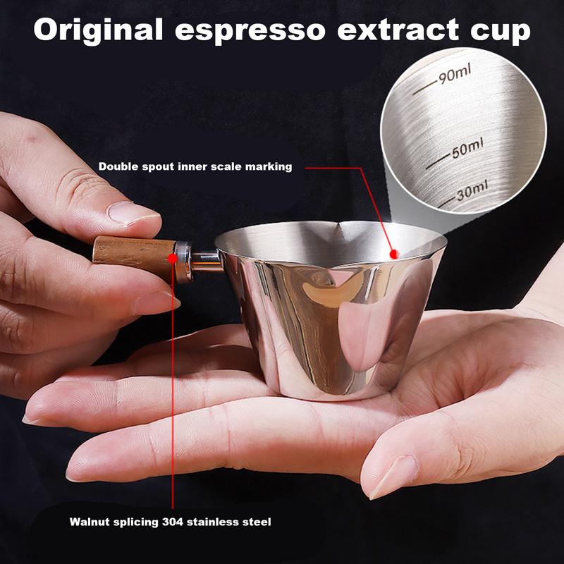 Espresso Measuring Cup with Wooden Handle Stainless Steel Coffee Shot Coffee Pouring Cup Home Kitchen Measuring Accessories