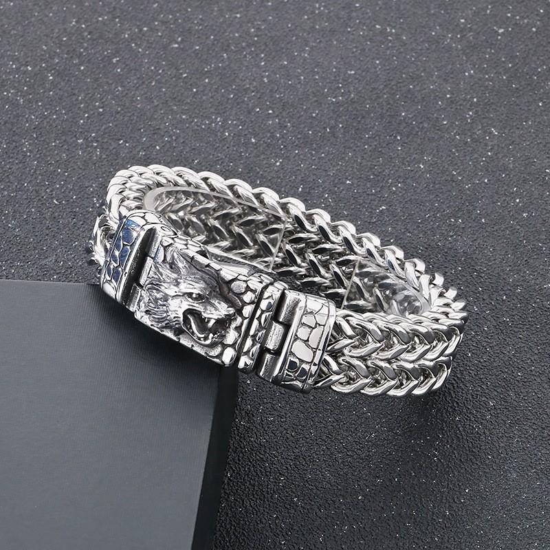 2026 Men's Wolf Head Woven Bracelet Wolf Head Square Buckle Front and Back Chain Jewelry