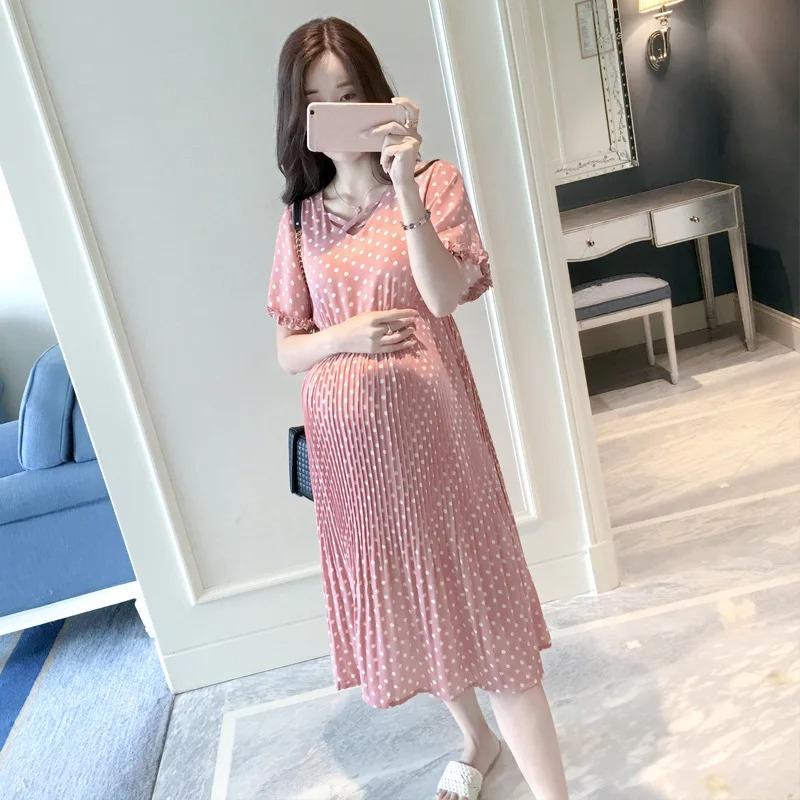 Summer Maternity Dress Pregnant Women Petal Collar Bubble Sleeve High Waist Peter Pan Casual Temperament Gown
