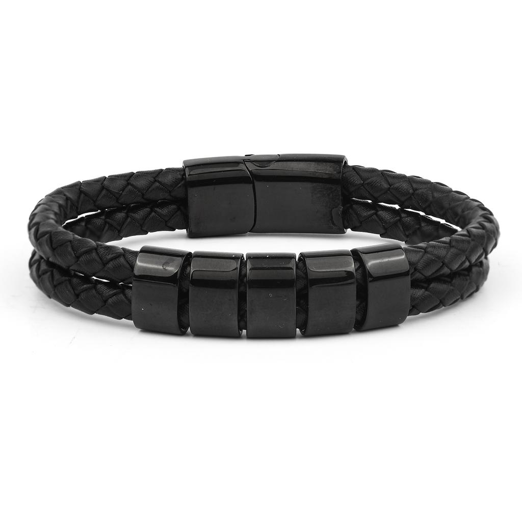 Men's Leather Bracelet Magnetic Tail Buckle Stainless Steel Positioning Ring Engraved Father's Day Gift Double Leather Bracelet