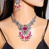 European and American luxury flower jewelry set, retro fringed round gemstone necklace geometric water drop square earrings for women