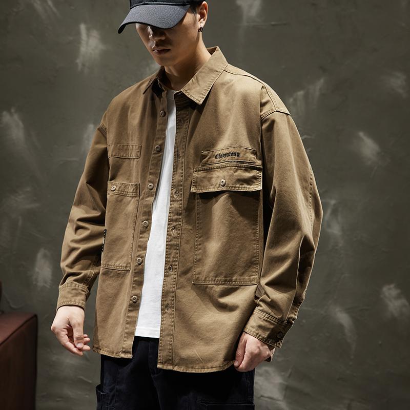 

Толстая ретро-стираемая мужская рубашка с длинными рукавами, свободная, большого размера, модная брендовая американская повседневная рубашка-рубашка для инструментов 4XL коричневый