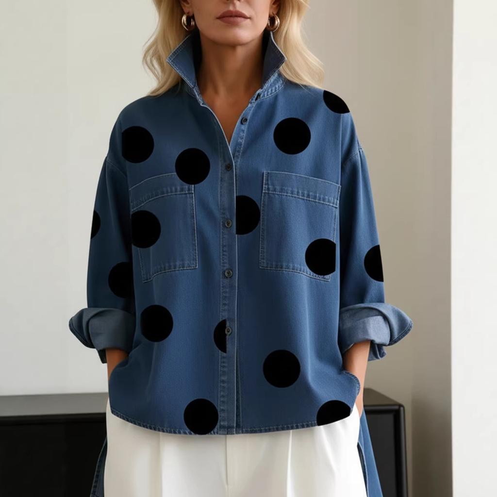 European and American cross-border 2026 printed imitation denim stand-up collar casual shirt