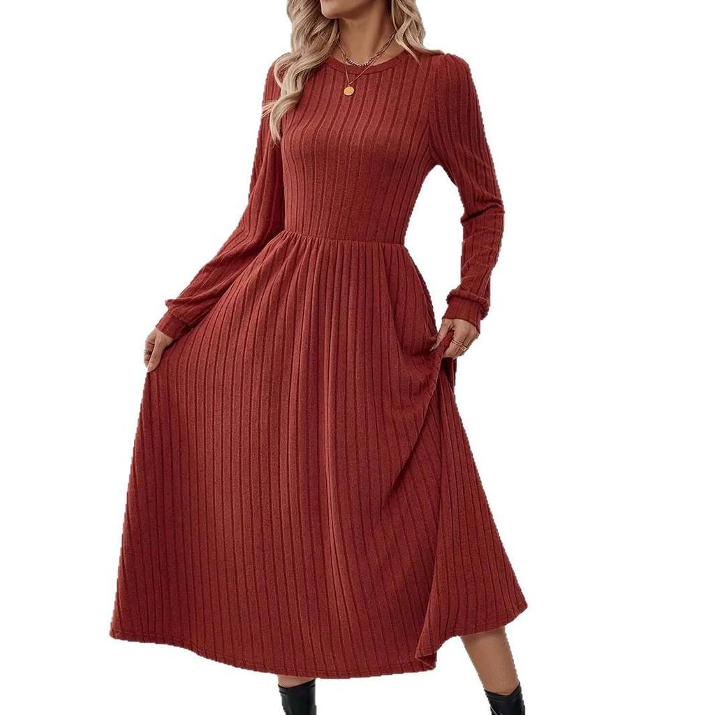 2025 Autumn/Winter Women's A-Line Knit Long Sleeve Dress - Solid Color Round Neck
