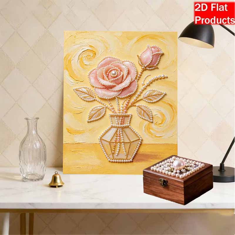 DIY Frameless Pearl Painting Kit Elegant Pink Rose Vase 3D Shiny Bead Art Canvas Relaxing Craft for Adults Home Wall Decor Gift