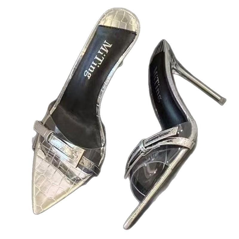 Premium fairy wind cool slippers female summer wear 2025 new pointed transparent buckle thin heel high heel slippers female