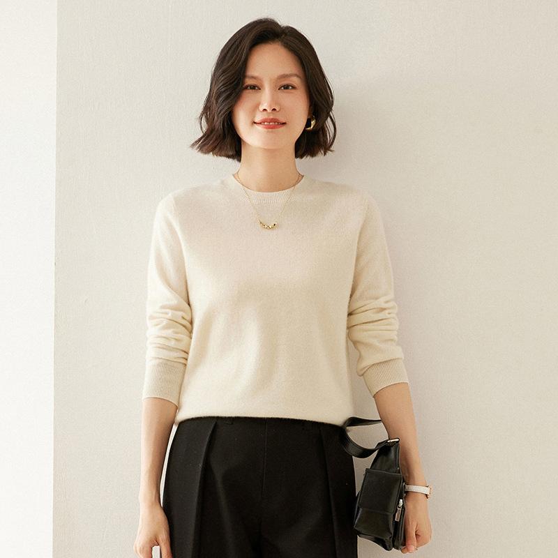 

Базовая кашемировая футболка с плоским круглым вырезом для женщин на осень и зиму, однотонный свитер с длинными рукавами, универсальный и удобный пуловер M