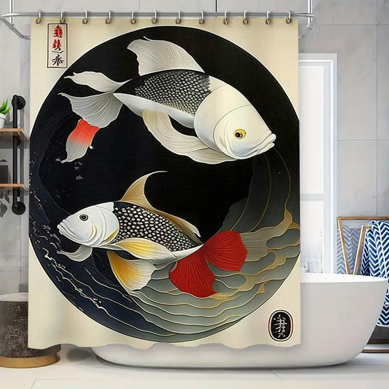 Goldfish Shower Curtain Bathroom Decorative Waterproof Fabric Customized Printing Home Decoration (Black/Red) Large Size Free Sh 90x180cm