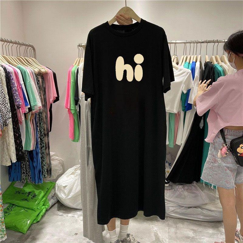 New Summer Korean Slit Letter Printed Skirt Over Knee Long Loose Large Size Short-sleeved T-shirt Dress for Women