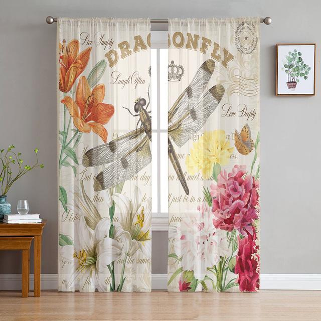 Dragonfly Flowers Sheer Curtain For Living Room Voile For Window Blinds Bedroom Tulle Drape Kitchen Cortinas Hall Curtains