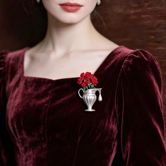 Yousheng Brooch Retro Kettle Shape Wedding Three-dimensional Brooch with Imitation Golden Metal Texture Real Flower Insert Coat Scarf Hair Bag