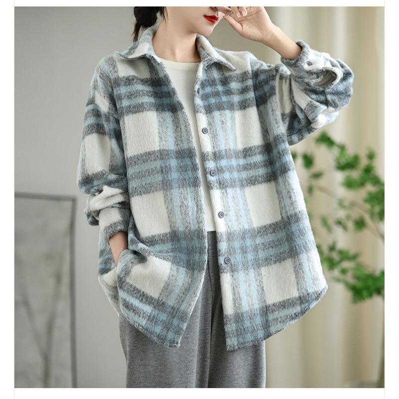 DIMANAF 2025 New Autumn Winter Plus Size Women Coats Jackets Loose Casual Outerwear Vintage Lady Plaid Cotton Thick Long Sleeve