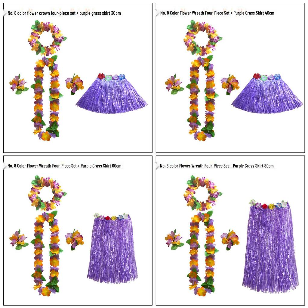 Kaifeng Summer Hawaiian Grass Skirt and Flower Garland Dance Party Set - 5 Pieces (30CM, 40CM, 60CM, 80CM)