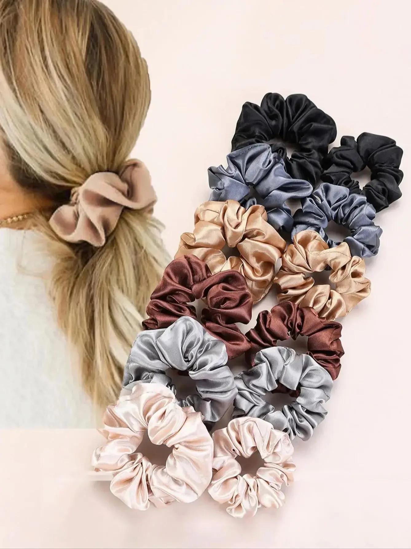 

12pcs New Satin Fabric Sausage Loop Hair Rings Set Solid Colour High Elasticity Fabric Loop Hair Rope Multiple Practical