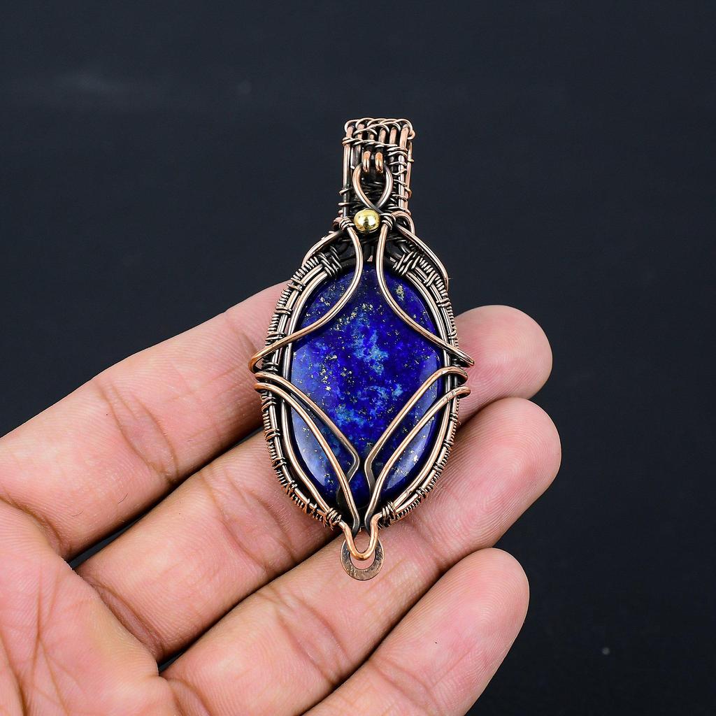 Lapis Lazuli Gemstone Pure Copper Wire Wrapped Handmade Pendant Jewelry For Her
