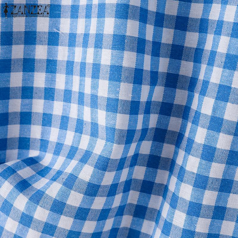 ZANZEA Women Summer Round Neck 3/4 Sleeve Plaid Blouses