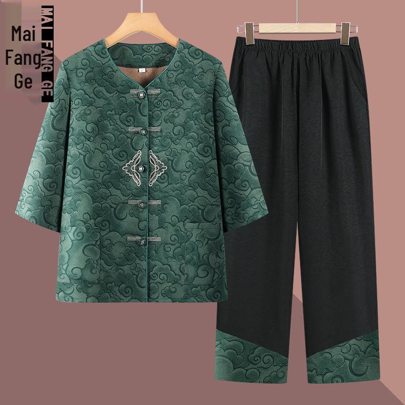Retro Summer Two-Piece Set: Lightweight Cardigan with Three-Quarter Sleeves for Middle-Aged and Elderly Women