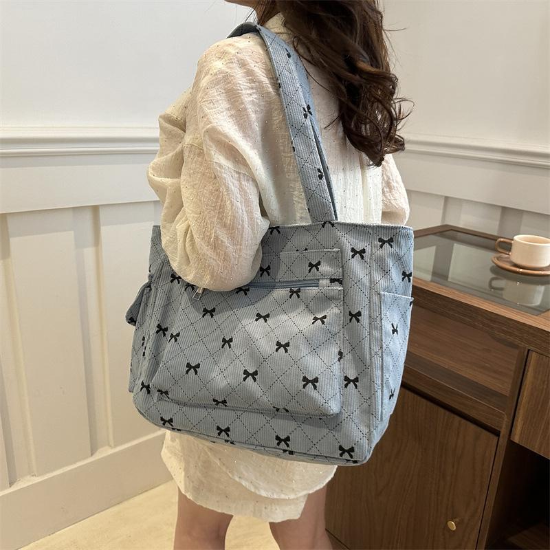 Bow Diamd Women's Sweet Shoulder Bag Soft Corduroy Female Retro Shopping Bags Multi-pocket Ladies Travel Tote Purse Handbags