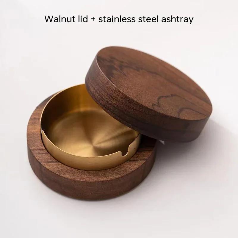 New Wooden Ashtray Steel Liner Windproof Ashtray Easy To Clean Patio Office Home Cigar Durable Holder WithLid Smokers Stainless
