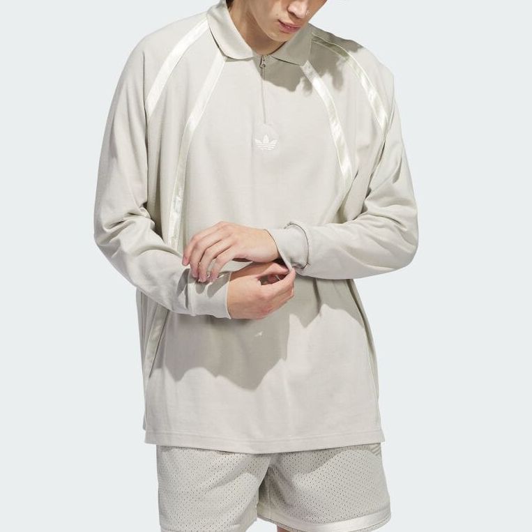 Adidas Originals Striped Zip-Up Long Sleeve Polo Shirt Unisex Tops Gray IR6379