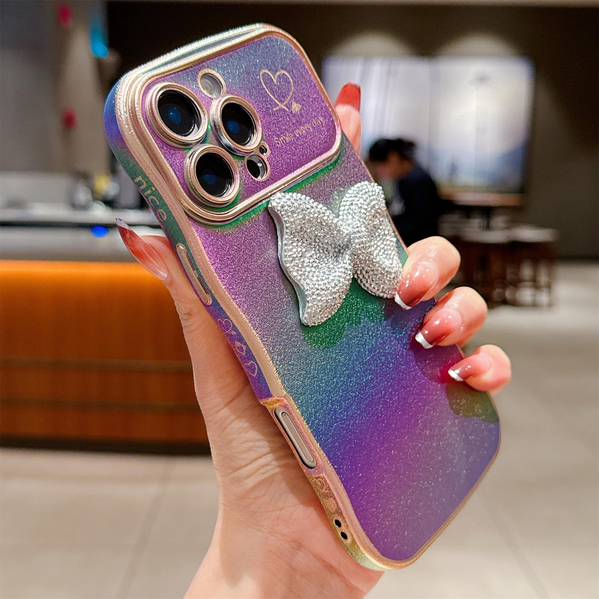 

For iPhone 16 Pro Case Wave Edge Bow Decorated Soft TPU Phone Back Cover with Heart Pattern Colorful