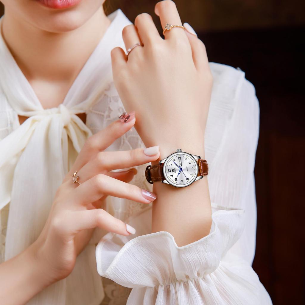 Waterproof OLEVS Popular Arm Watch Analog Quartz Fashion Business Stylish Watch White Dial Cute Watch Leather Strap Watch Lightweight Silver Watch for