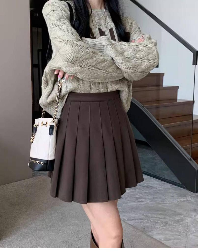 Women's Plus Size Woolen A-Line Pleated Skirt in Khaki - High Waist, Short Length for Spring and Autumn