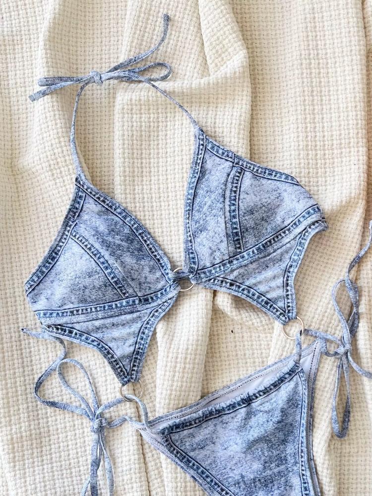 New One Piece Swimsuit Jeans Print Monokini Adjustable Bodysuit Women Bikini Bandage Swimwear Summer Beachwear Feminine Halter