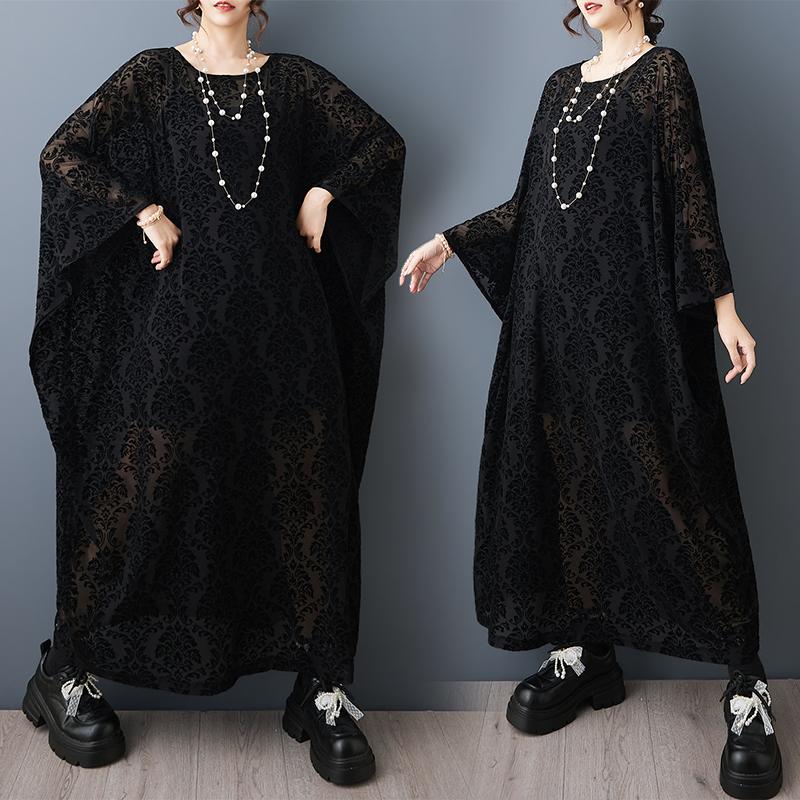 DIMANAF New 2026 Summer Women Plus Size Vintage Elegant Lady Long Dress Black Floral Jacquard Lace Loose Oversize Maxi Clothing