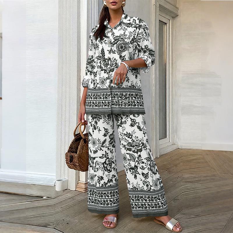 

ZANZEA Женский Блуза с длинным рукавом и брюки Повседневный костюм-двойка с принтом 5XL чёрный