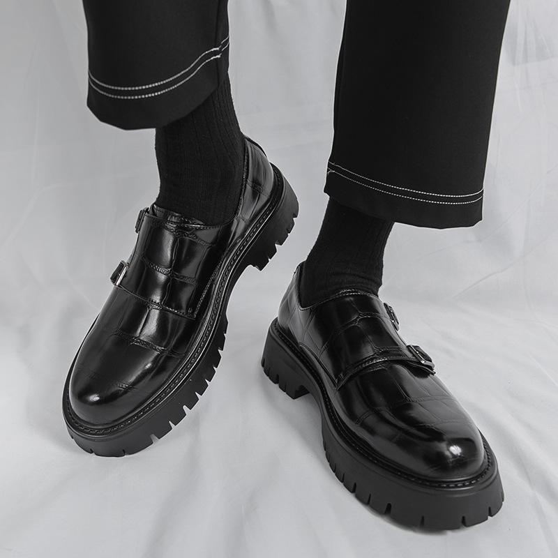 2025 Autumn New Large Size Double Pin Buckle Loafers Men's Size 38-46 Patent Leather Glossy Thick Heel Thick Sole Heightening Leather Shoes