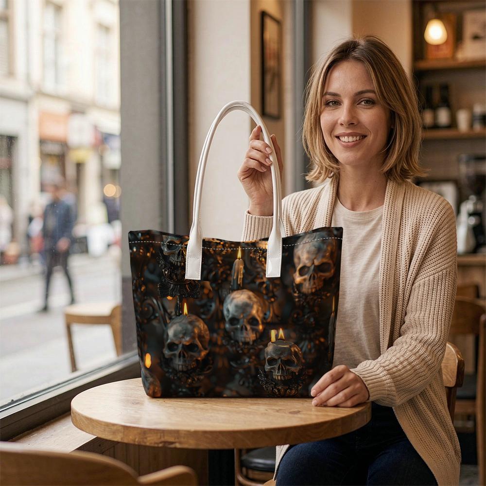 Gothic Skull Candle Print Tote Bag Fashion Large Capacity Outdoor Shopping Shoulder Bag