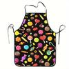 1pc Colorful Candy Pattern Apron - Unisex Kitchen And Baking Apron for Adults, Sweet Design with Hearts, Lollipops, Jelly, Black Background, Ideal for