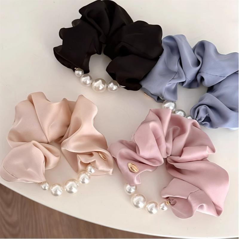 Koreanischer Stil Satin Perlenbesatz Haargummi, Elegant und Sanft Niedriger Pferdeschwanz Stil Reise Haargummi