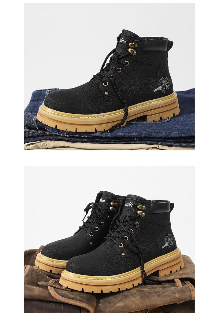 Men's Winter High-Top Genuine Leather Retro Martin Boots with Velvet Lining, British Style, Yellow