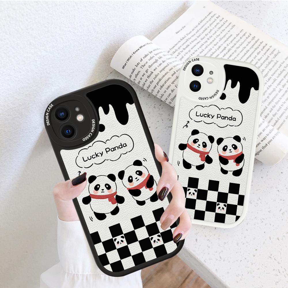 Slim Skin Feeling Cartoon Panda Soft Silicone PU Leather Cover Phone Case for iPhone Samsung Huawei Honor Xiaomi Redmi OPPO Realme Vivo