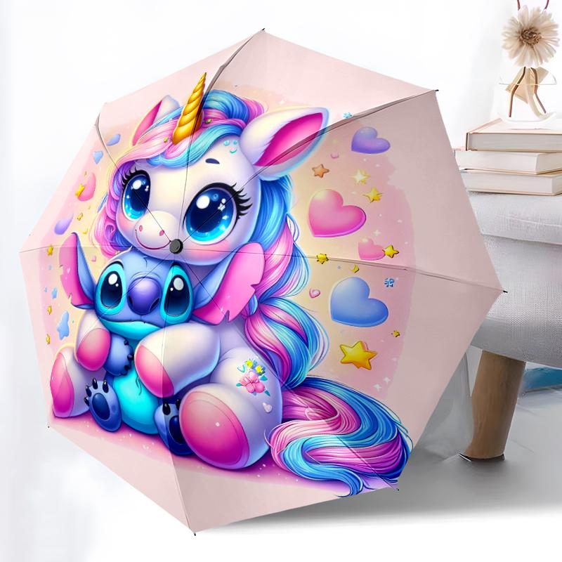 1pc Sturdy 8-Bone Auto Umbrella, Rainbow Stitch Pastel Unicorn Floral Umbrella, Digital Printed, Foldable Umbrella for On-the-Go Outdoor Use